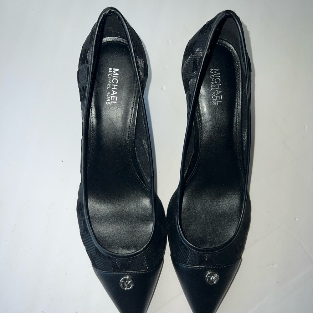 Michael Kors Black Pointed Heels Logo Mesh Size 9M